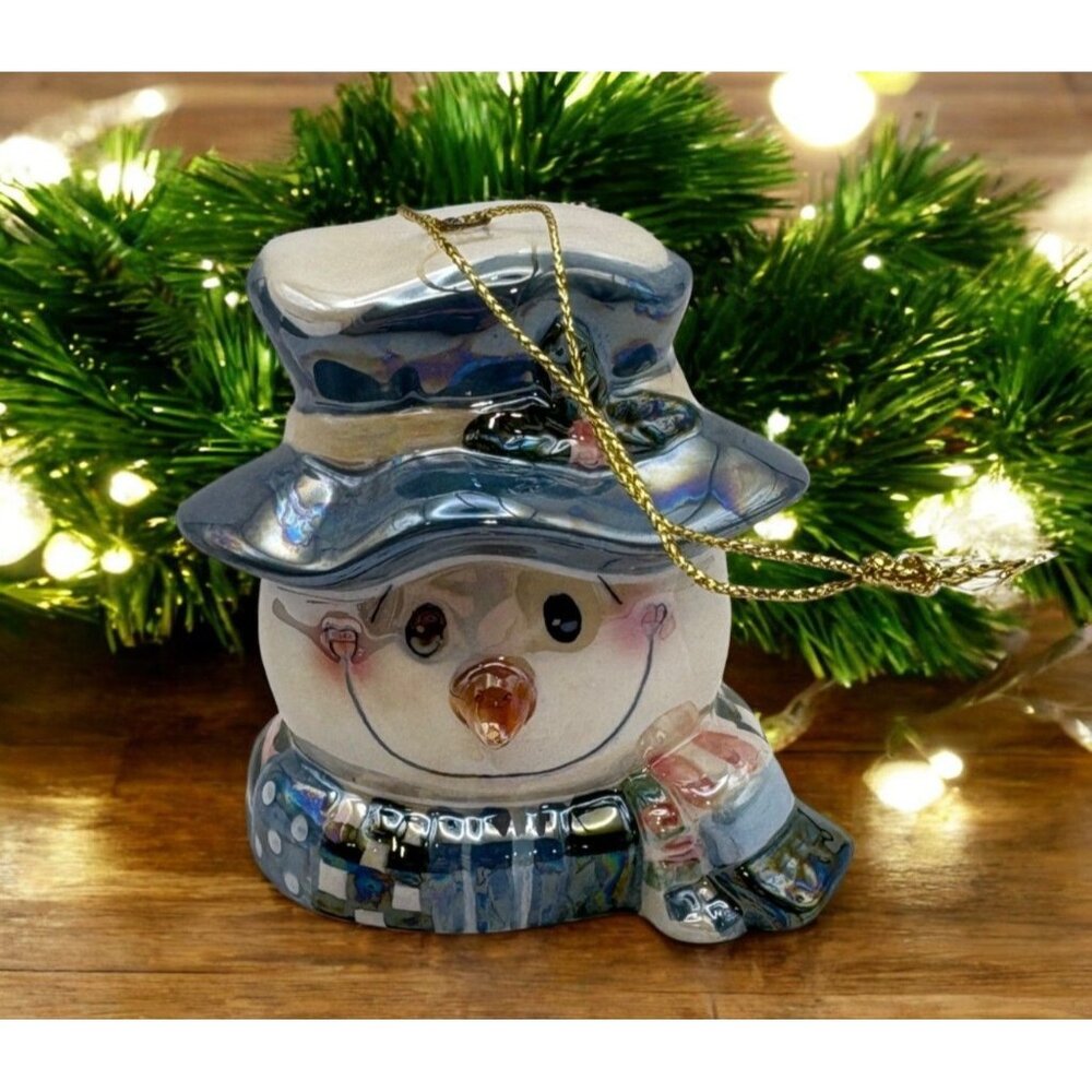 Vintage Ceramic Snowman Head Christmas Tree Ornament Iridescent Finish Blue Hat
